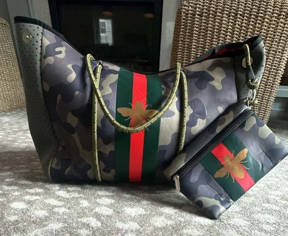 PARKER & HYDE Green Camouflage Stripe Neoprene Large Tote Bag Purse
